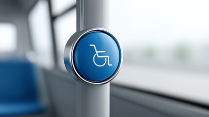 Blue button with wheelchair symbol on a public transport pole, indicating accessibility features for passengers, enhancing mobility options in urban environments