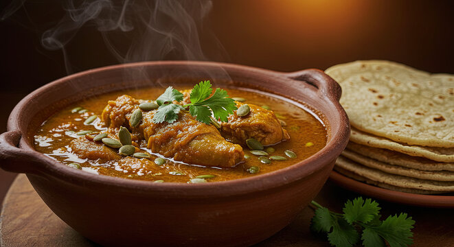 Guatemalan pepian chicken stew with pumpkin seeds and tortillas