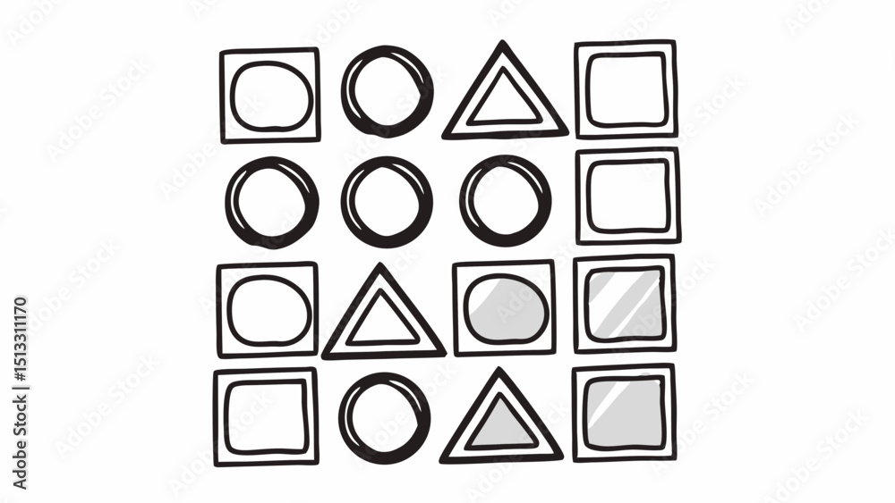 Poster geometric pattern featuring hand drawn circles squares and triangles in a grid like arrangement desi