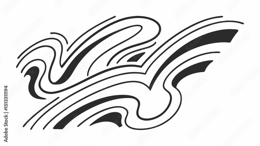 Poster abstract illustration of flowing black lines creating a dynamic and organic pattern on white backdro