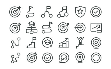 Line style icons of learning paths and educational goals: learning goal icon, objective path, skill roadmap, subject ladder, badge tracker, target completion, learning direction, module path, course