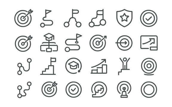 Line style icons of learning paths and educational goals: learning goal icon, objective path, skill roadmap, subject ladder, badge tracker, target completion, learning direction, module path, course