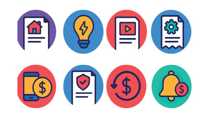 Flat vector icons of recurring expenses (in circles): rent bill, utility icon, monthly subscription, service invoice, phone bill, insurance draft, auto-debit, payment alert.