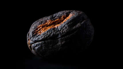 Naklejka premium Charred coffee bean with deep blackened surface and rich brown highlights, showcasing unique textures and details against a dark background, emphasizing the roasting process