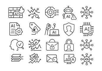 Line style icons of AI and cybersecurity: AI firewall, pattern anomaly detection, threat scoring, security bot, AI policy icon, risk evaluation tag, secure automation, access detection, deepfake