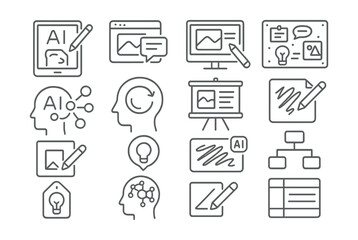 Line style icons of sketching, concepts, and idea visualization: AI sketchpad, prompt-based sketch, quick draft generator, creative concept board, idea mapping AI, mind flow icon, visual planning,