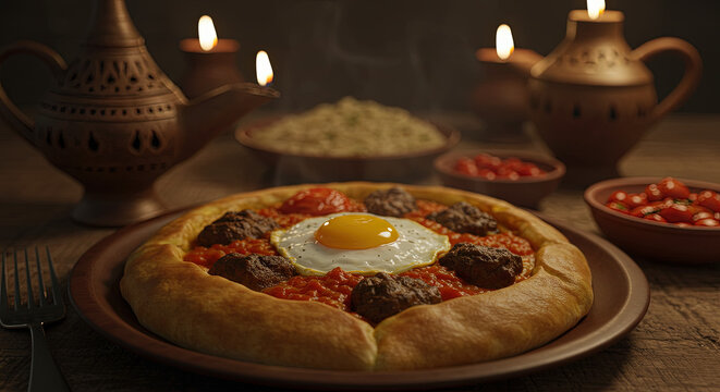 Libyan bazin dough dish with lamb, egg, and tomato sauce under warm clay lights
