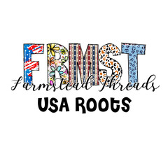 Farm-themed graphic design with USA roots, patriotic patterns, and flowers
