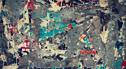 Naklejka premium Abstract Urban Texture: Distressed Wall with Peeling Paint and Layered Vintage Posters