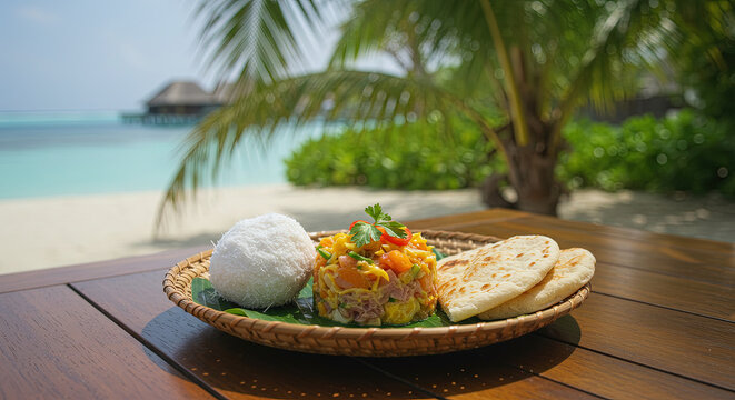 Maldivian mas huni tuna salad with coconut and flatbread for a tropical breakfast