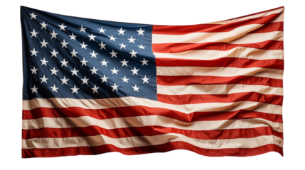 Draped American flag texture, stars and stripes, patriotic banner design, USA national symbol, isolated on transparent background.