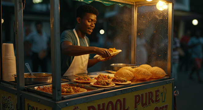 Mauritian dholl puri with curry and rougaille on a street vendor cart
