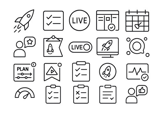 Line style icons of project launch and go-live: launch rocket icon, release checklist tile, live status badge, pre-launch board, release schedule grid, first user feedback, deployment banner tag,