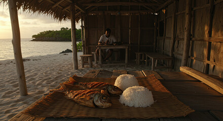 Nauruan fried fish with coconut rice in a beach shack made of driftwood