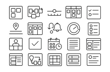 Line style icons of project management for solo creatives: single dashboard tile, freelance sprint board, timeline tracker icon, solo kanban panel, to-do card layout, solo milestone tag, weekly plan