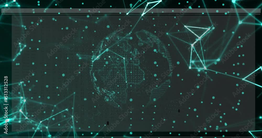 Poster start wireframe globe rotating, nodes floating and links animating visualizing global data flow