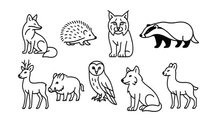 Line style icons of animals of Europe: red fox, hedgehog, lynx, badger, roe deer, wild boar, barn owl, wolf, chamois, pine marten.