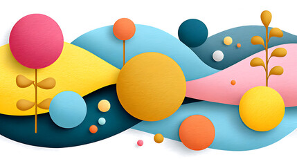 Abstract colorful paper cut shapes with round elements and soft waves yellow, blue, pink, and orange tones creating playful