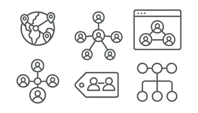 Line style icons of social media: social network map icon, user node graph, interactive connection chart, friends web layout, influence cluster panel, shared interest tag, link tree structure.