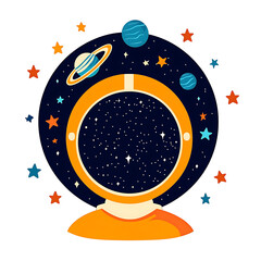Astronaut helmet with starry space and planets, colorful stars floating around, creative cosmic illustration with orange suit