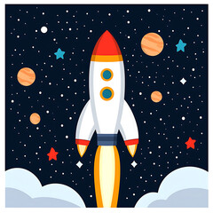Rocket ship space stars planets launch cartoon illustration with colorful design