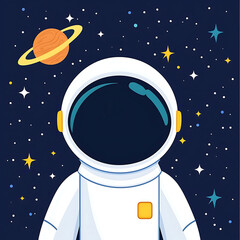 Astronaut in white space suit floating in starry night sky with planet and shining stars, peaceful and adventurous
