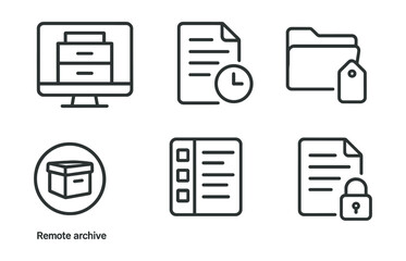 Line style icons of remote work: virtual file cabinet icon, document version history, organized folder structure, tag-based file system, remote archive badge, file category panel, secure doc access.