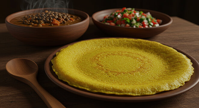 South Sudanese kisra sorghum crepe with lentil stew and spicy salad