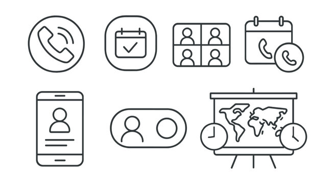 Line style icons of project management: call meeting icon, daily sync badge, video conference layout, scheduled call tracker, internal call agenda screen, voice discussion toggle, time zone meeting