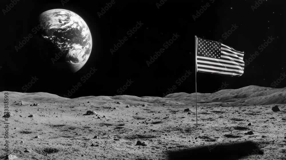 Poster a space-themed image featuring an american flag planted on the moon, with the earth visible in the b