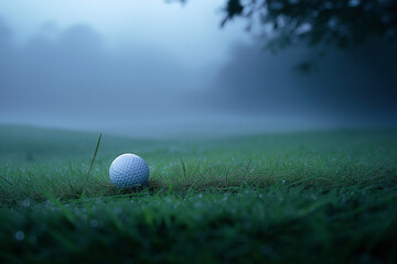 Golf ball near hole edge on dewy grass, early morning mist softly blurred in background. Ground-level sharp focus on ball texture and green. Minimalist, calm mood with soft natural light. 