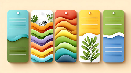 Colorful paper cut style cards with wavy layers and leaf designs, bright and cheerful for creative self reflection prompts