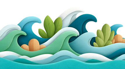 Soft abstract waves in ocean blue tones with green leaves and orange stones creating calm and peaceful scene