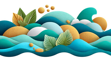 Soft abstract waves in ocean blue tones with green leaves and golden textured spheres create calm and soothing atmosphere