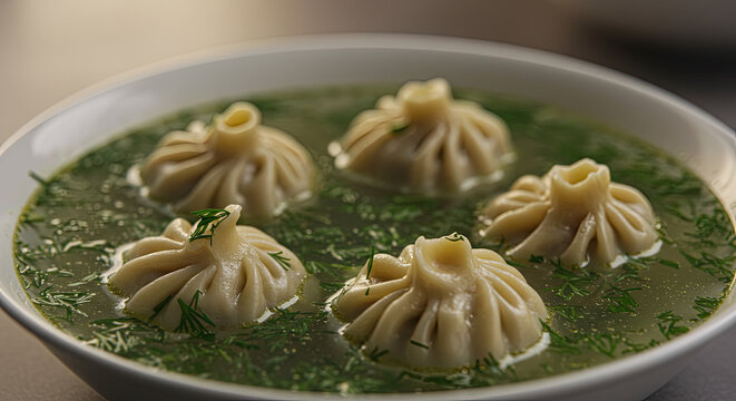 Uzbek chuchvara dumplings floating in clear broth with herbs