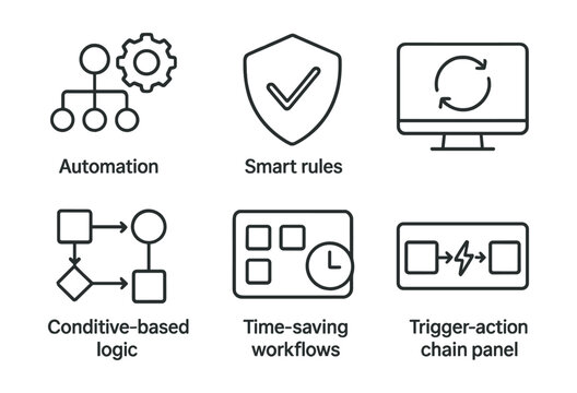 Line style icons of business innovation: automation flow icon, smart rules badge, repetitive task loop screen, condition-based logic layout, time-saving workflow board, trigger-action chain panel.