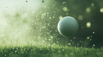 Golf club striking golf ball in slow motion, club face blurred, grass particles flying, out-of-focus background. Late afternoon light, dynamic sports action, high-resolution image.
