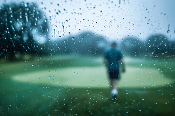 Distant blurred golf player walking off green in rain, seen through fogged lens. Cinematic mood, low contrast, muted greens and blues, quiet, reflective tone.
