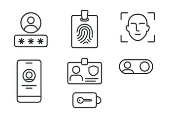 Line style icons of cybersecurity and privacy: user authentication icon, fingerprint scan badge, face recognition panel, login with biometrics screen, secure identity card, personal validation toggle