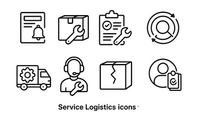 Line style icons of service logistics: repair request icon, item with wrench, fix ticket form, return for inspection badge, replacement part delivery, post-sale service symbol, broken item icon,