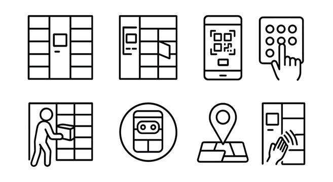 Line style icons of last mile delivery: smart locker icon, delivery locker door open, QR scan at locker, PIN entry screen, parcel pickup from locker, automated locker badge, location of pickup,