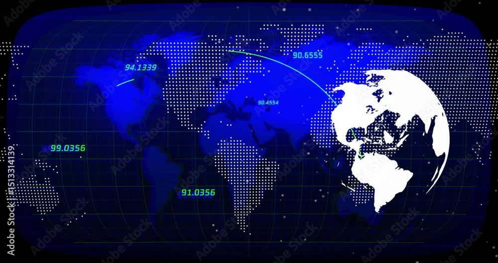 Poster on start grid outlining data labels before arcs animating and globe rotating visualizing data