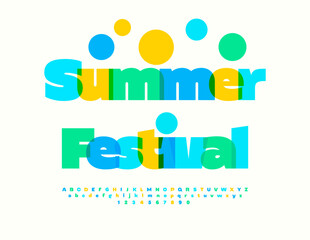 Fototapeta premium Vector Joyful invitayion Summer Festival. Bright Colorful Font. Creative Holiday Alphabet Letters and Numbers set