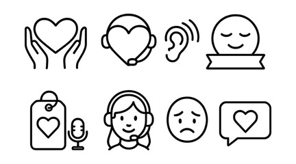 Line style icons of customer service: empathy icon, heart with headset, listening ear symbol, calm reply badge, emotional support tag, kind agent face, client emotion icon, soft tone message.
