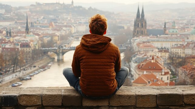 Man Sitting on Wall Overlooking Prague Cityscape