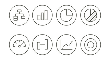 Fototapeta premium Line style icons of visual data and infographics: minimalist infographic icon, clean visual chart, simple data badge, elegant ratio circle, light-style metric, uncluttered comparison, modern chart