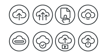Line style icons of cloud storage: upload to cloud icon, arrow up into cloud, batch upload symbol, drag and drop file icon, upload queue ring, progress bar in cloud, file sent badge, media upload