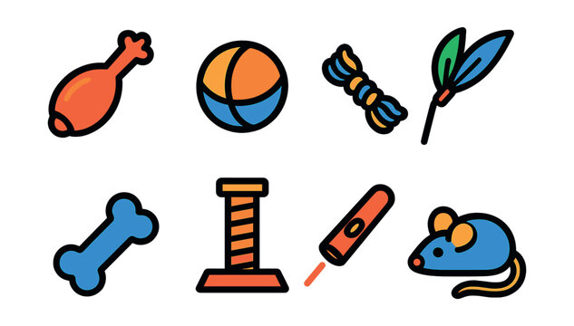Flat vector icons of pet toys and entertainment: squeaky toy, ball, rope toy, feather wand, chew toy, scratching post, laser pointer, toy mouse.