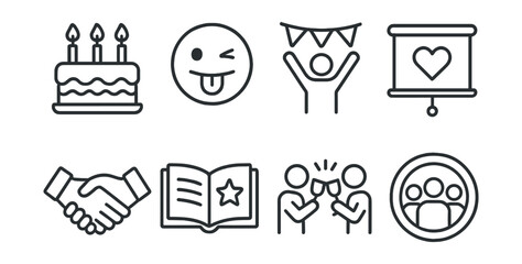 Line style icons of team culture: celebration cake, inside joke emoji, team tradition icon, value board, respect handshake, culture book icon, social moment, team photo badge.