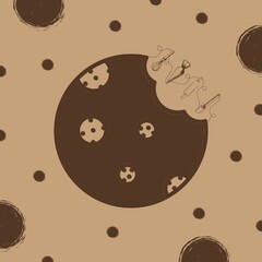 Cookies tan background with scattered brown dots, stylized illustration of a bitten cookie, with various baking tools forming the bite mark.